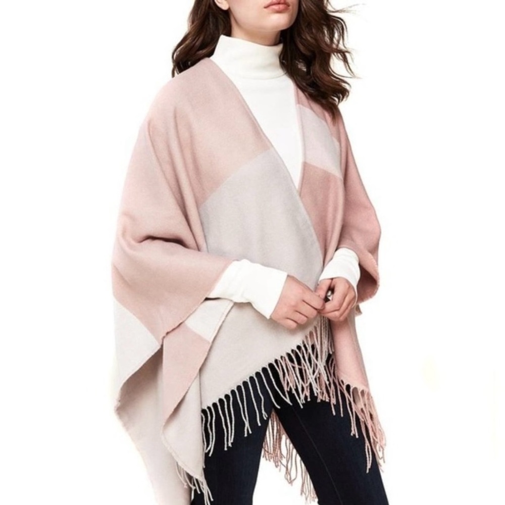New SOIA & KYO woven color blocked open wrap/scarf/cardigan with fringe trim - Picture 1 of 10